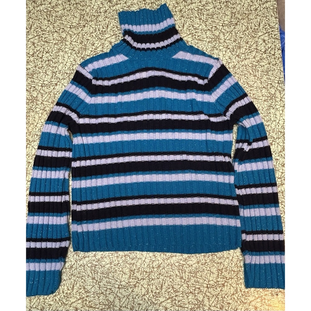 VTG 90s Y2K Blue Striped Ribbed Sweater L Turtleneck Chunky Skater Grunge Bling